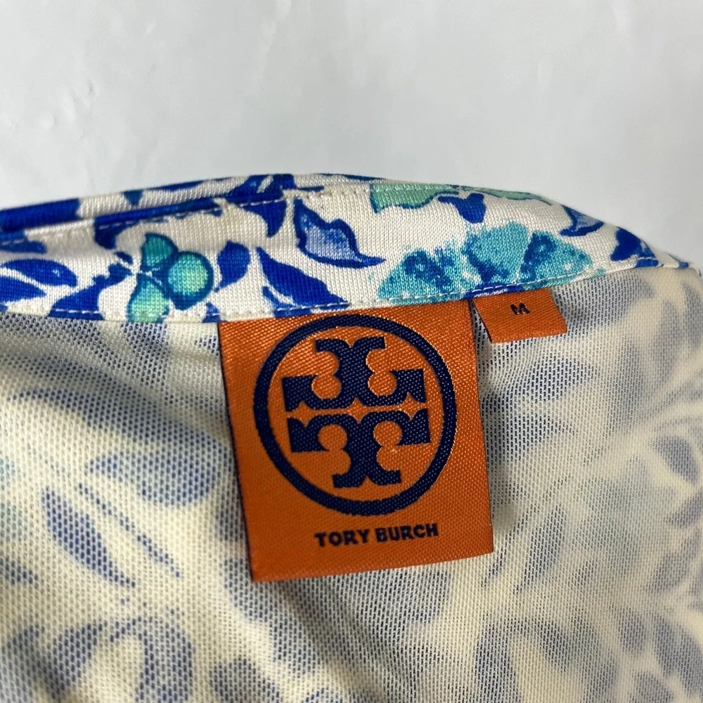 Tory Burch Womens Dress M Party Ruched Blue Floral Sleeveless Knit X3-28